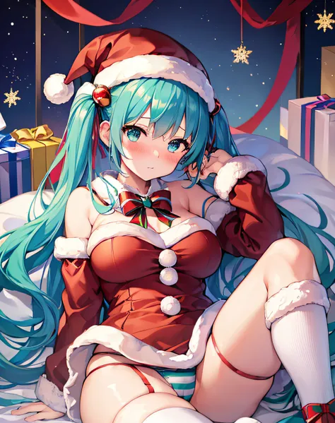 ​masterpiece、Top image quality、超A high resolution、miku hatsune、blue hairs、Twin-tailed、Blushing、Cute and shy、santa costume、Santa Costume Mini Skirt、Wearing a Santa Hat、large firm breasts、well-shaped breasts、knee sox、Striped panties、There are some small gift...