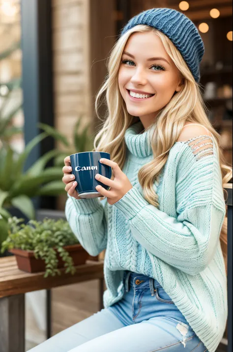 photo, smiling super happy blonde girl with blue white handknit pullover with knitpattern, white jeans,long hair, smiling at camera, ,flirting mood,,drinking a cup of coffee in a wintergarden,whole body,turning around, canon D1 85mm, --auto --s2