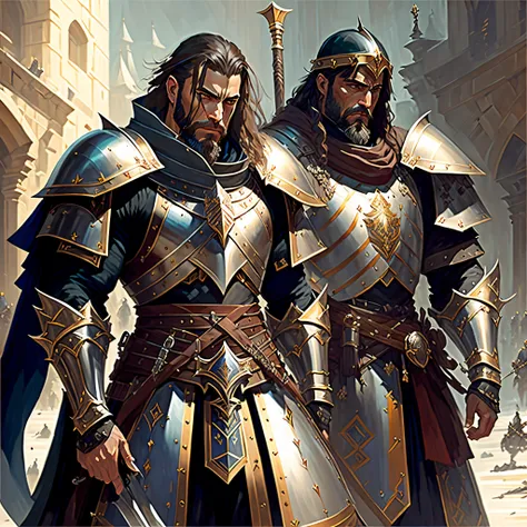 Men wearing armor and holding swords, very detailed character, Paladin, Modelshoot style, (Very detailed CG 8k wallpaper), Body photos of the most beautiful artwork in the world, Medieval armor, Body Portrait, The First King of Babylon, Nimrod, hunter, Cav...