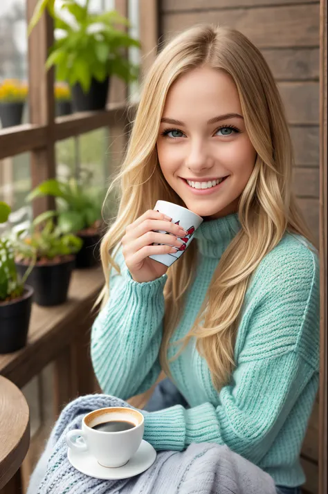 photo, smiling super happy blonde girl with blue white handknit pullover with knitpattern, white jeans,long hair, smiling at camera, ,flirting mood,,drinking a cup of coffee in a wintergarden,whole body,turning around, canon D1 85mm, --auto --s2