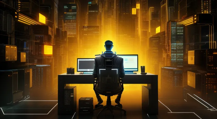 a man sitting at a desk with a laptop computer in front of a city, hacking into the mainframe, it specialist, cyber architecture, in front of a computer, creative coder with a computer, programmer, hacker, cyber space, cyber style, sitting at a computer, d...