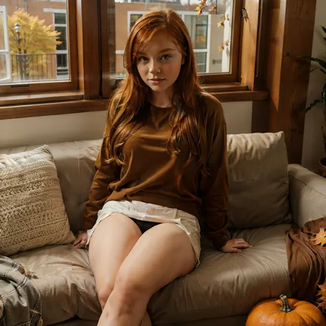 Thick ginger teen, healthy, autumn room, autumn outfit