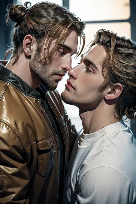 two men manbun blond brown scifi spaceship kissing gay