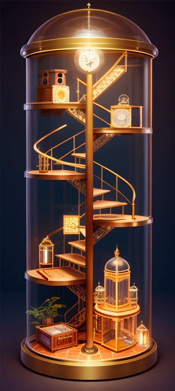 steampunk,knollingcase, isometic render,bedroom,Spiral stairs,isometric display case, knolling teardown, transparent data visualization infographic, high-resolution OLED GUI interface display, high contrast, micro-details, octane render, photorealism, phot...