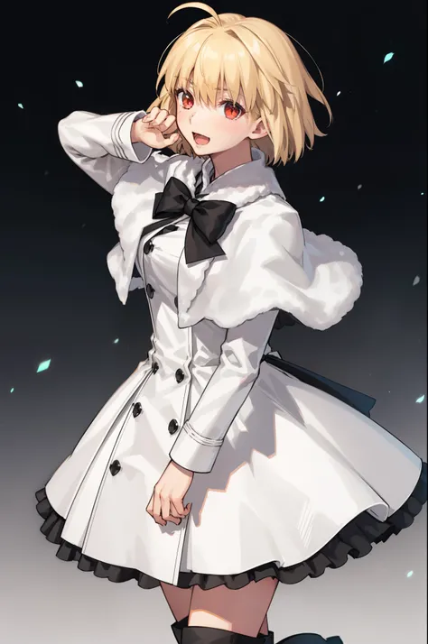 arcueid (tsukihime), ((1girl:1.5)), ((solo:1.5)),arms behind back, black bowtie, blush, buttons, white fur capelet, dress, fur trim, looking at viewer, open mouth, smile, solo, vampire, white dress, bokeh, long sleeves, :d, blurry, blurry background, boots...