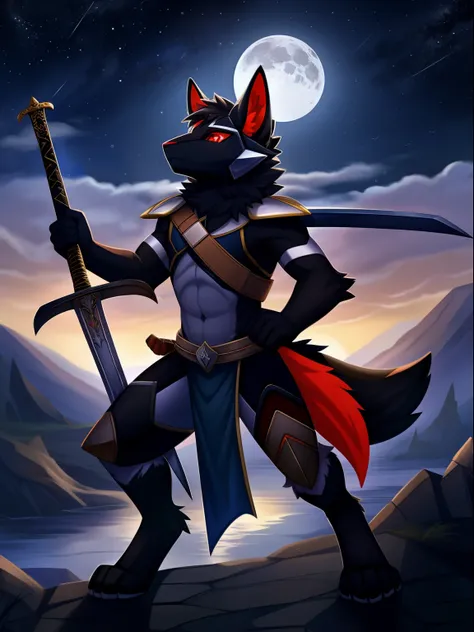 Protogens, Black fur and red eyes, Soft fur, body detailed, Combat Position,Hold the sword with one hand.. ,overcast sky, star, full moon, dusk