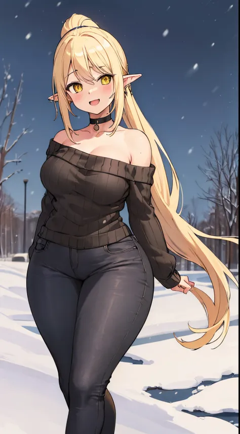 masterpiece, best quality, highres, ((Slim thicc waifu:1.3)), large breasts, elf, yellow eyes, short blonde hair in a high ponytail, (black choker), (virgin killer sweater), (black jeans), jewelry, cowboy shot, playing in the snow, winter, happy