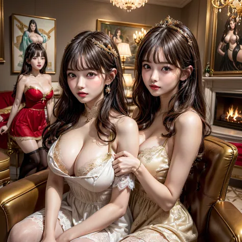 (2girls:1.5), Princess, Long hair, Passionate, (extremely detailed beautiful face), (Beautiful girl in princess dress:1.5), (Lace dress:1.4), Amazing face and eyes, (The sexiest look), (Best Quality:1.4), (hyper quality), (Ultra-detailed), (extremely detai...