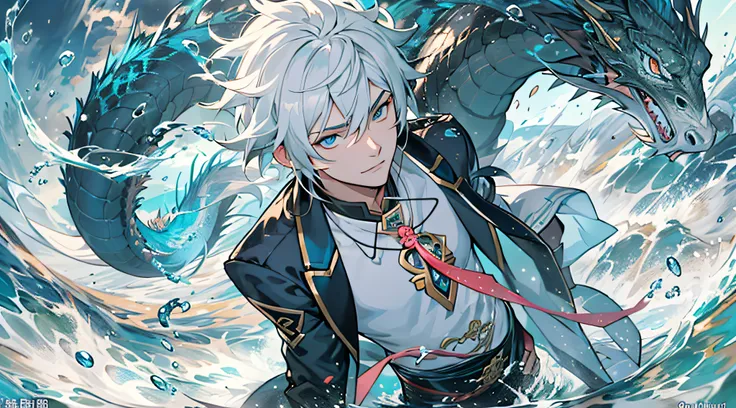 Alone, Handsome men, 1人, 1:4 masterpiece, Anime character with long white hair and blue eyes runs in Ocean City, 《the original god》Keqing in, Handsome guy in the art of slaying demons, 《the original god》Zhongli in Zhongli, white-haired god, Tall anime char...