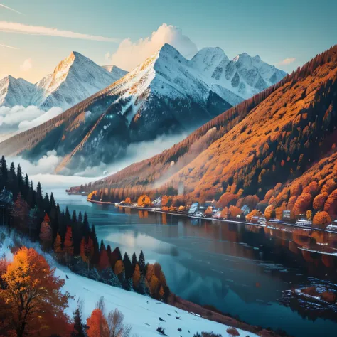 autumn time, 1700, home, mountain, forest, snow on cliffs, early morning, dew