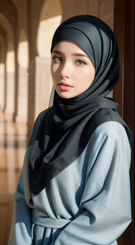 1girl, solo, beautiful face, high detailed realistic eyes, double eyelids, high detailed realistic pupils, (upon body from head to waist:1.36), (wearing hijab:1.37), (moslem headscarf:1.37), reading glasses, sitting alone on a long chair, amazing mosque pa...