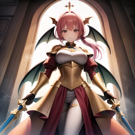 This illustration of a female knight is、A female knight with pink hair in a ponytail with a beautiful and brave expression.、wear golden armor、Holding a shiny pink crystal sword in both hands.、The sword is shown held horizontally so that the entire body of ...