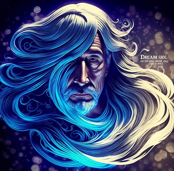 long hair flowing，Back Shadow，Old man，The background text &quot;Dream&quot; scene is illusory