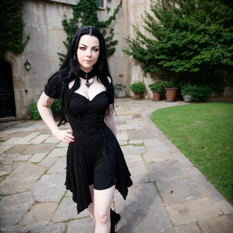 amy lee wearing a red/black gothic dress, outside at the castle courtyard