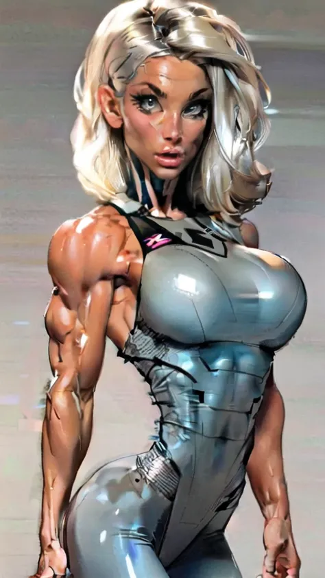 Drawing of platinum blonde katopunk female fitness model, toned body, feminine, huge upper body, torso shot, wide shoulders, veins, beautiful face, detailed eyes, perfect eyes, makeup, full lips, slim face, high cheekbones,(best quality, highres, ultra-det...