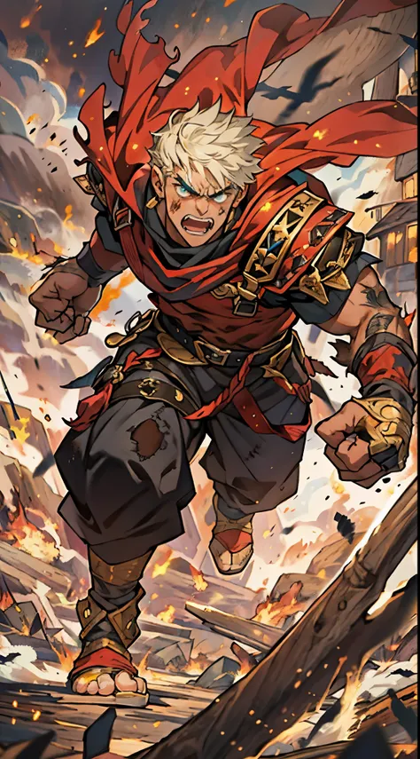 A middle-aged man with golden short hair, an upright hairstyle, thick eyebrows, an angry gaze, an excited expression, open mouth roaring, a robust figure, a sturdy stance, body inclined forward, hands tightly clenched into fists, ready for battle, tattered...