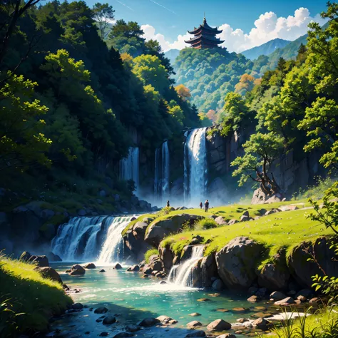 Best Quality、masutepiece、8k、((Colored leaves))、temple、starrysky、falls、Waterfall Basin、Mountains