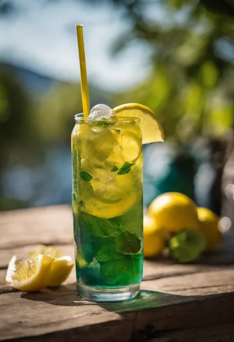 (No one) A soft drink containing lemon, mint leaves, and bubbles. The yellow fades to blue. Its cool. There are colored straws, ice cubes, placed on a green leaf, outdoors, a clear blue sky, beautiful clouds