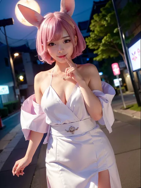 low angles、taken from the under、White attire、White kimono、Japan Dance、Maiko、花魁、On the street at night、mid night、Under the moonlight、Into the ink、The tattoo、fullnude、Pink short cut hair、fullnude(8K, top-quality, ​masterpiece:1.2), (realisitic, Photorealsiti...