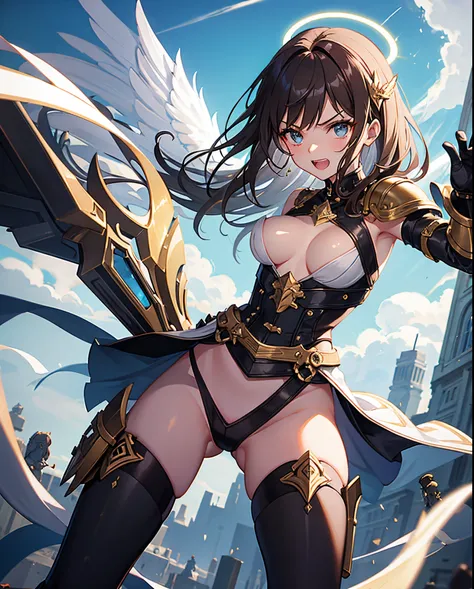 fantasy, 1angel_girl,child, loli,brown_hair, medium_bob_hair, long_bangs, halo,bare_shoulder,thighhighs,silver_armor, waist_armor, large_breasts,angry,grinning,open_mouth_teeth, 1pair_wings, dynamic_pose_fighting,floating, bare_crotch, headgear,gauntlet, g...