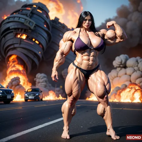 A HD 4K Photo of a huge, enormous, very big, buff, giant, Asian, female bodybuilder, muscle goddess, with long black hair, huge arms and huge legs, naked big boobs, flexing her enormous, giant muscles, big beautiful eyes, walking barefoot down a destroyed ...