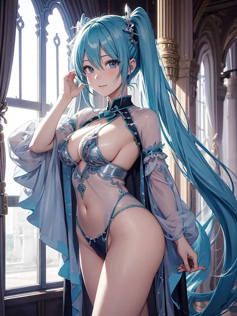 miku hatsune,Arabian Night,Bewitching dances,palatial palace,Beautiful breasts,Silver see-through costume