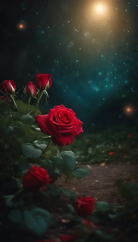 (Best quality at best,4K,8K,A high resolution,tmasterpiece:1.2),ultra - detailed,actual,red rose,twinkling galaxy,starlights,illustratio,Velvety touch,petals,Silky details,vivd colour,Ethereal atmosphere,Vibrant red hue,Celestial elements,subtletextures,Lu...