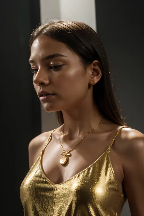 product image in a studio of a necklace made of gold with a minimalistic style, ultra detail, dark background, product image in studio, summer vibe