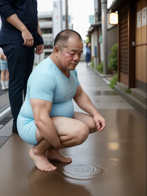 A thick man is 50yo in japan, 1man, stand and slouching look down, dwarfism, Wearing a infant cute cloth and light blue Big diaper, Pampers, Bowleg, Bare legs, crew cut, Shy, tearful, sobbing, There is a small puddle at his feet, from side, a picture, high...