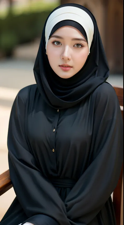 1girl, solo, beautiful face, high detailed realistic eyes, double eyelids, high detailed realistic pupils, (upon body from head to waist:1.36), (wearing hijab:1.37), (moslem headscarf:1.37), reading glasses, sitting alone on a long chair, amazing mosque pa...