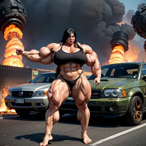 A HD 4K Photo of a huge, enormous, very big, buff, giant, Asian, female bodybuilder, muscle goddess, with long black hair, huge arms and huge legs, naked big boobs, flexing her enormous, giant muscles, big beautiful eyes, walking barefoot down a destroyed ...