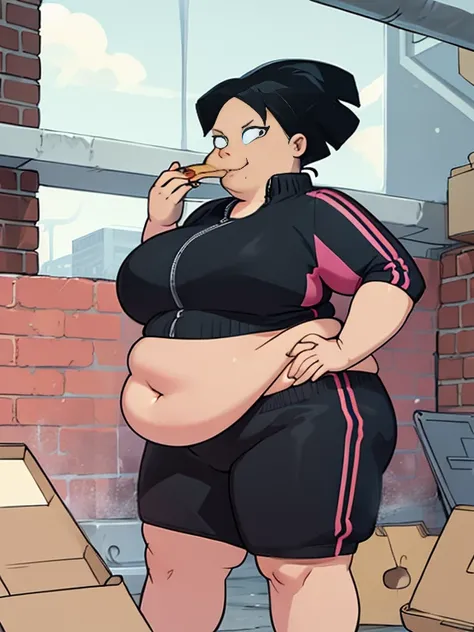 ((masterpiece)), obese amy wong, black hair, wearing a pink track suit, visible navel, farting, fat arms, fat belly, fat neck, big and fat face, big cheeks, extra thick thighs
standing, hands on hips, looking at viewer, smiling, sexy pose, fart, 
indoors, ...