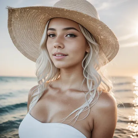 a portrait of a beautiful woman, topless, , (light freckles, beauty spots:1.2), she has long (platinum white:1.2) wavy hair, she is wearing a beige sunhat background of the ocean, sunset, sun-kissed, sunflare,