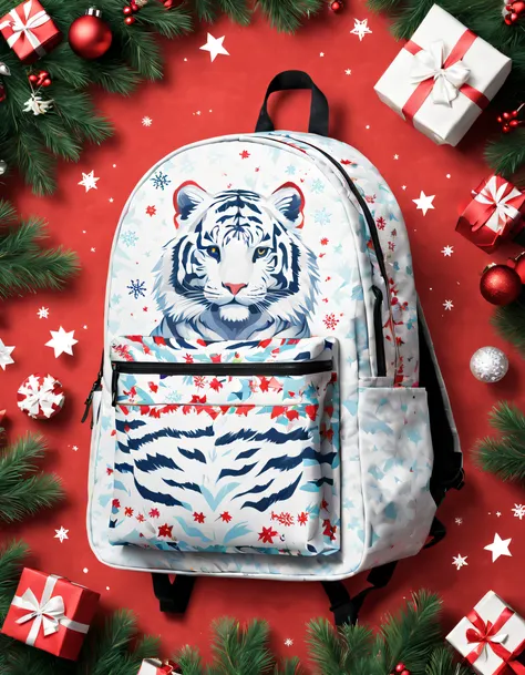 product design，poster design，（little white tiger creative backpack），background with：christmas