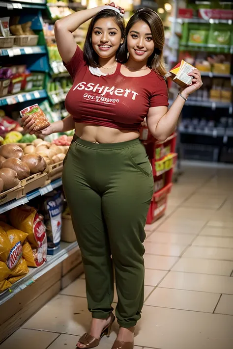 (((2heads))),**Render**: full - body,fat 1 person, fat, feminine face, no facial hair, no body hair, ,(((Dressed as a supermarket cashier))),blonde, overweight,  thicc, holding a brown bag with groceries, cute face,  morena, detailed skin, 詳細な目,  Rendering...