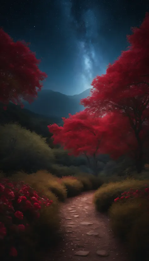 (Best quality at best,4K,8K,A high resolution,tmasterpiece:1.2),ultra - detailed,actual,red rose,twinkling galaxy,starlights,Lighting,Velvety touch,petals,Silky details,Vibrant colors,Ethereal atmosphere,Vibrant red hue,Celestial elements,subtletextures,Lu...