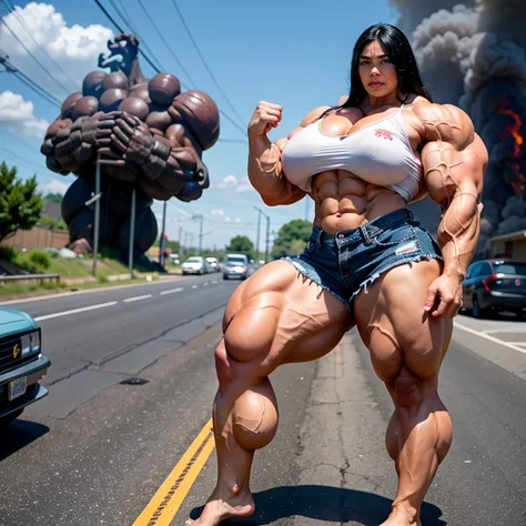 A HD 4K Photo of a huge, enormous, very big, buff, giant, Asian, female bodybuilder, muscle goddess, with long black hair, huge arms and huge legs, naked big boobs, flexing her enormous, giant muscles, big beautiful eyes, walking barefoot down a destroyed ...