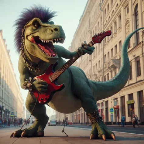 araf with a guitar and a mohawk on his head, trex dinosaur, inspired by adam rex, fantasy style 8 k octane render, cinema 4d cin...