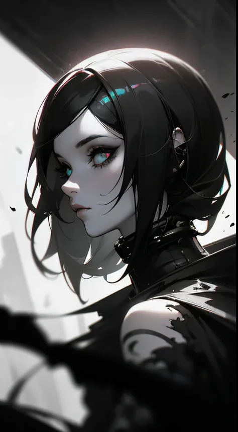 a digital painting of a woman with black and white makeup, cyberpunk art by Anna Dittmann, cgsociety, gothic art, dystopian art, detailed painting, behance hd, deep photography, Ilford HP5 film, crushed blacks, depth of field, dark photo, film grain, shado...