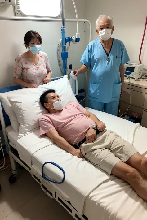 The old man is lying on the hospital bed sucking oxygen tube, with relatives standing next to him