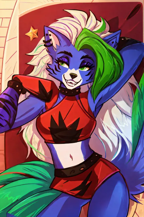 melhor qualidade, fnafroxanne, furry female, pelo do corpo, maquiagem, orelhas de lobo, cauda de lobo, cabelo cinza, cabelo verde, olhos amarelos, crop top, em uma paisagem, sorriso leve