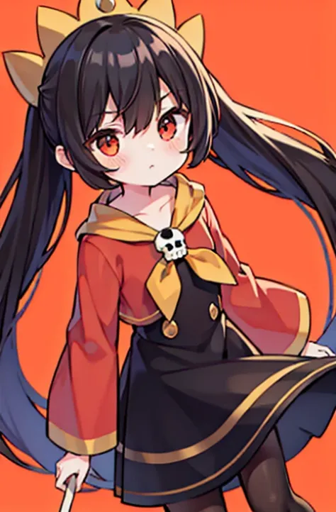 1girl in, Solo, ashley (WarioWare), Twin-tailed, skull, Orange Hair Band, Red Eyes, Black hair, Big hair, Long hair, pantyhose, Red dress, angry, Simple background, Looking at Viewer, face to the viewer, From  above, (Best Quality), (Detailed), Soft shadow...