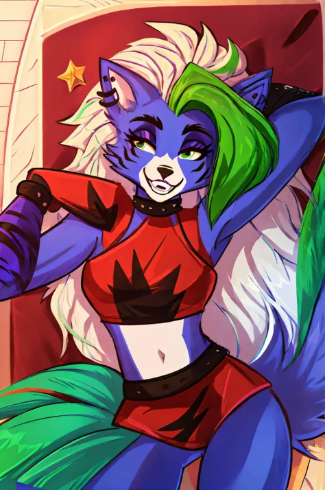 melhor qualidade, fnafroxanne, furry female, pelo do corpo, maquiagem, orelhas de lobo, cauda de lobo, cabelo cinza, cabelo verde, olhos amarelos, crop top, em uma paisagem, sorriso leve