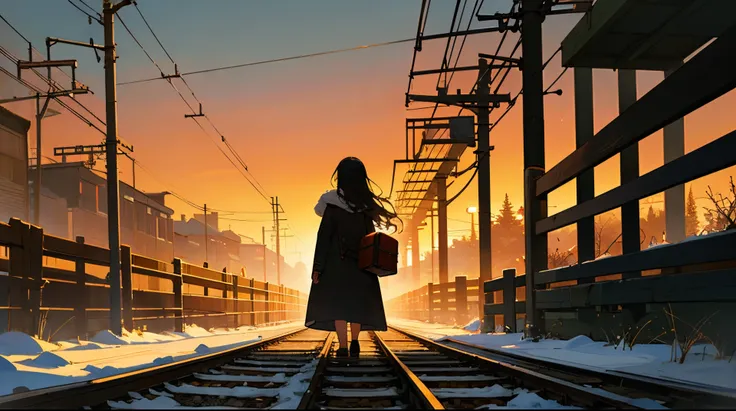 (1 girl back，Luggage，Backward train tracks, Masterpiece), High details, Nature, Artistic, Contrast,Shadows, Gorgeous, Old, Cinematic,concentrating, metal, High details, coat large, winter day, Gorgeous,  Sunset, full bodyesbian, Depth, ventania, Long hair,...