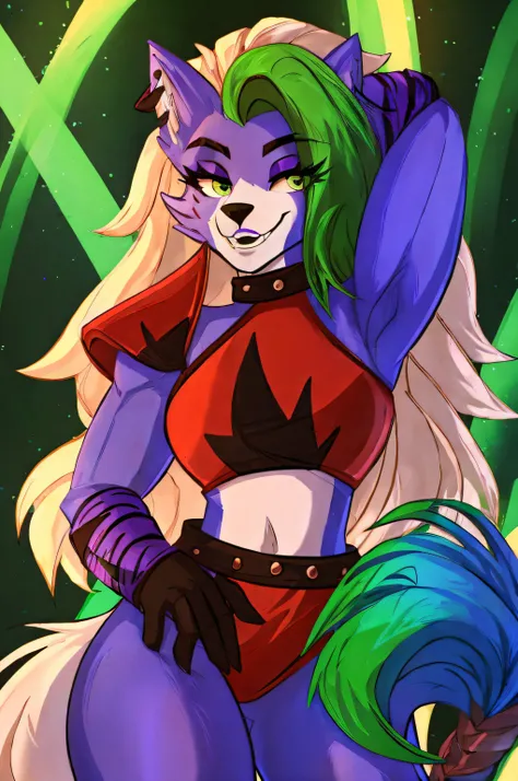 melhor qualidade, fnafroxanne, furry female, pelo do corpo, maquiagem, orelhas de lobo, cauda de lobo, cabelo cinza, cabelo verde, olhos amarelos, crop top, em uma paisagem, sorriso leve