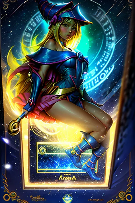 (Obra maestra:1.2), (La mejor calidad:1.2), Perfect lighting, Chica Maga Oscura lanzando un hechizo, In his twenties, flotando en el aire, escote, desde arriba, Destellos, Yugioh Card en el fondo. Pose sejustiva y sensual.