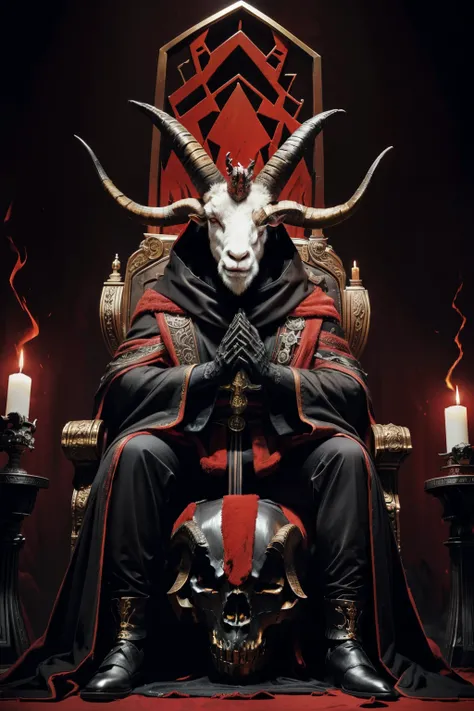 The Devil, Baphomet(bulky head: brown goat head with long horns), sitting, (throne: made of skulls which have horns), lava flowing, (clothe: thin black and red robe, one leg on another creating 4, red ambience, evil, real goat head, bulky head