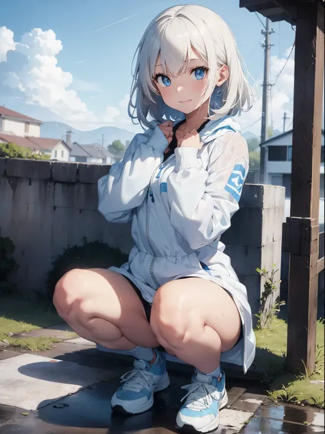 1 Female body，Squat，Fit your body,  white short messy hair, sky-blue eyes, White coat with blue pattern，short white dress，ssmile，Athletic Sneakers ,Sateen，Wet ground，Rain on the body，foco nítido，hight resolution, ultrasharp, 8K, masutepiece,