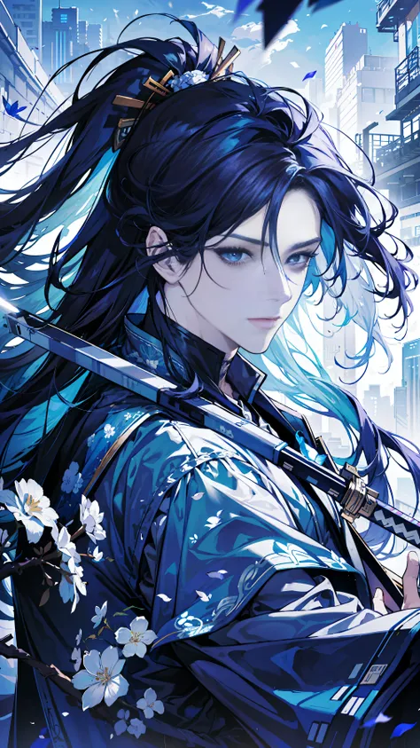 Blue-purple style, looking at you, good eyes, messy hair, broken hair, long hair, chivalry, very beautiful cyberpunk digital artwork, male focus, handsome, heroic and sassy, beautiful man, wearing a blue and white kimono, long sword on the shoulder, chival...