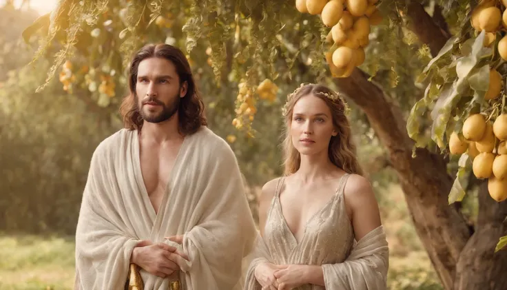 Adam and eve in the Garden of Eden dressed in animals cloths, standing under a bible tall tree with golden fruits